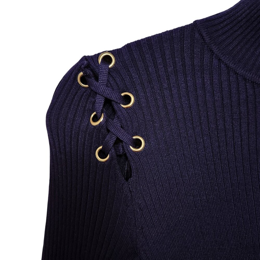 Hippie Rose Bellbottom Blue Ribbed Knit Mock Neck Top Size Small - Picture 5 of 9